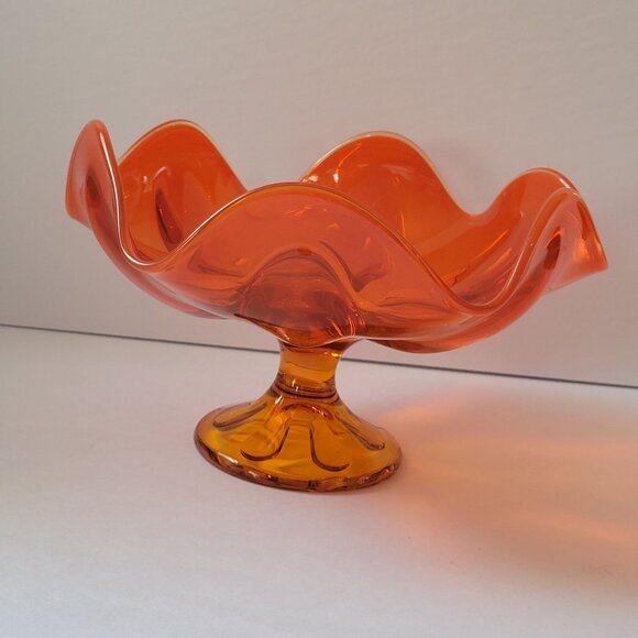 Vintage Mid-Century Viking Glass Modern Orange Art Glass Pedestal Bowl With Wavy - Picture 2 of 7